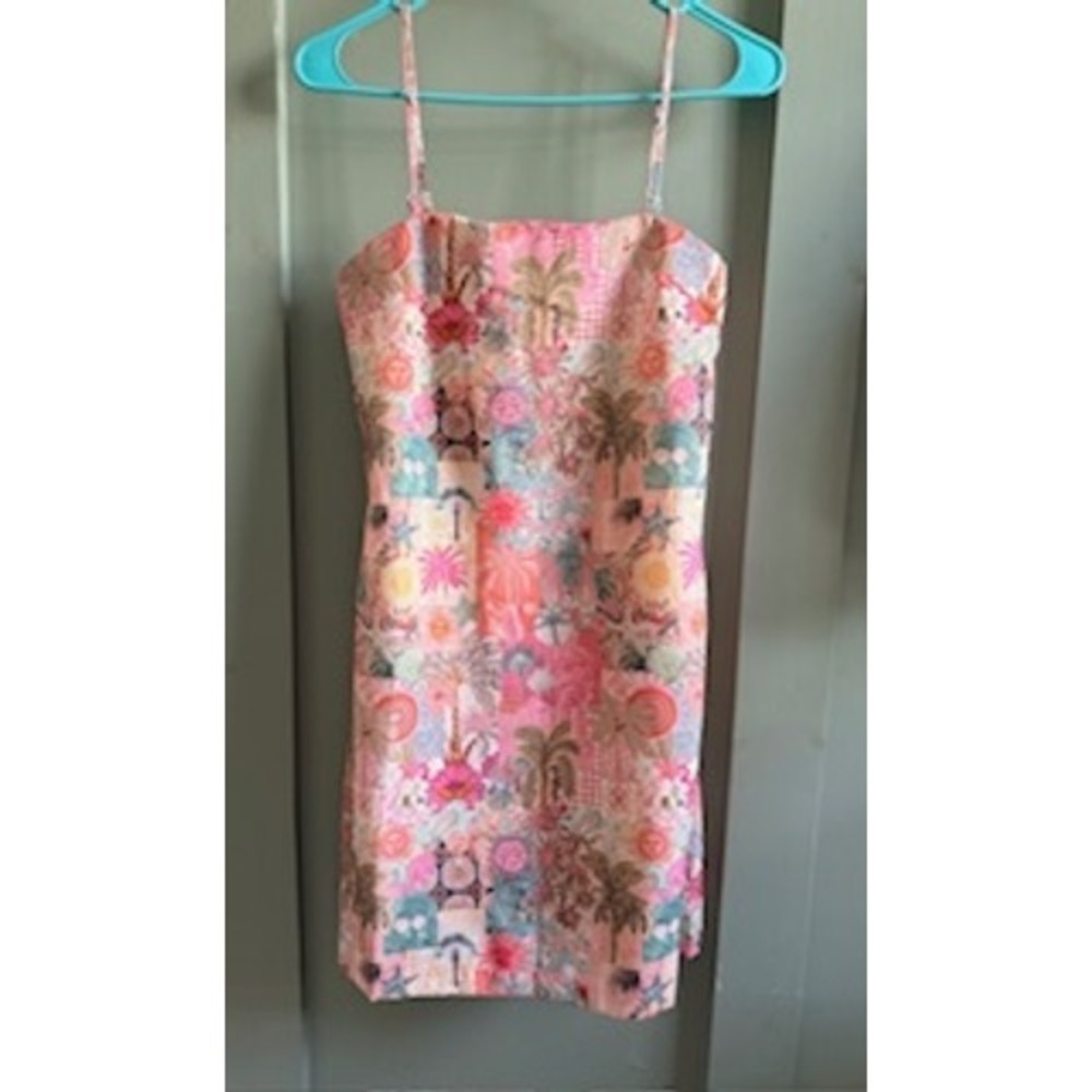 Pink Lily Mini Dress Womens Size M Pink Tropical Patchwork Excellent Smocked